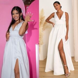 LULUS Satin Plunge V-Neck Sleeveless Open Back Side Slit Full Skirt Ball Gown XL